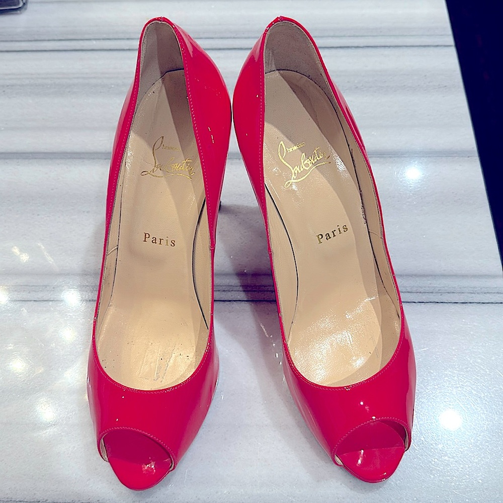 Christian Louboutin Bright Pink Patent Peep Toe Platfom Pump